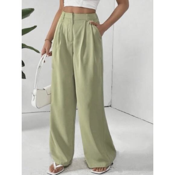 Zara Pleated High Rise Wide Leg Trousers S 4 6 Green Pants Coastal Boho - Picture 1 of 7